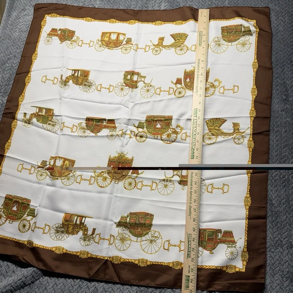 VTG Italian Carriage Print Silk-Style Scarf‎ Stage Coach Brown Gold Equestrian